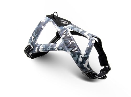 WAW, Ergovest Camo, Pettorina Ergonomica per Cani da 2 a 25 kg, Geometria a 3 Fasce, Libertà di Spalle e Ascelle, in Microfibra Ultraleggera, Taglia 2, Grigio Militare/Nero