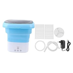 Sorandy Mini-opvouwbare wasmachine, krachtige mini-wasmachine, draagbare mini-emmerwasmachine met afvoerbuisadapter, voor babykleding, ondergoed of kleine voorwerpen (blauw wit)