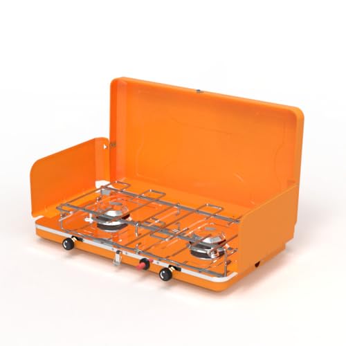 Barbacoa de gas de mesa, 2 quemadores con campana for Camping Portable Gas BBQ Grill for Outdoor Cooking,Easy Clean Outdoor Cooking-Orange