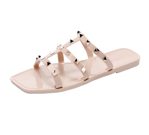 Image of Women Flats Sandals, Studded Jelly Shoes Size 9 Red Dressy Summer Beach Rivets Strappy Jellies Slide Slip On Open Toes