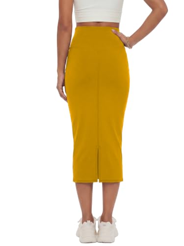 Image of Rooscier Women's High Waisted Pencil Midi Skirt | Stretchy Bodycon Knee Length Skirts with Back Slit