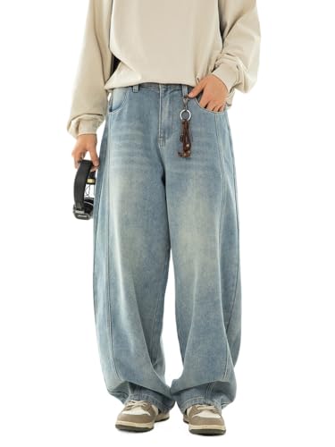 Men's Baggy Jeans Barrel Wide Leg Skater Denim Pants Long Casual Y2K Vintage Loose Fit Trousers Hip Hop Streetwear
