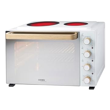 Cooks Professional Mini Portable Oven with Ceramic Hobs | Energy Efficient Electric Countertop Cooker with Two Hot Plates & Wire Rack Baking Tray | Kitchen Grill Ovens | 48L Capacity | White Nordic