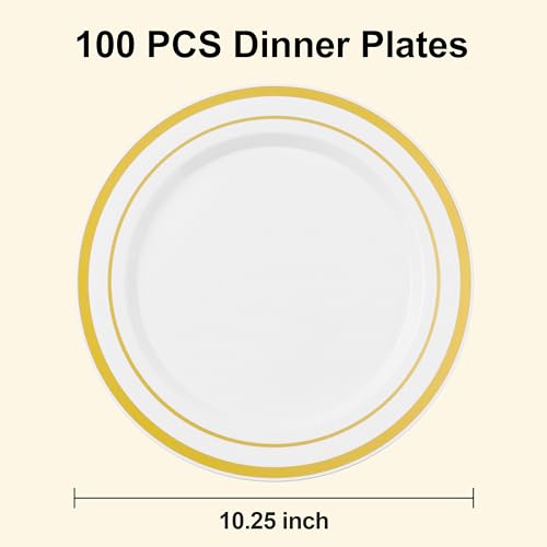 BESTSTAR 100PCS White Plastic Plates for Party, 10.25 Inch Disposable Plates with Gold Rim, Heavy Duty Dinner Plates for Christmas, Thanksgiving, Party, Wedding and Birthday - Image 4