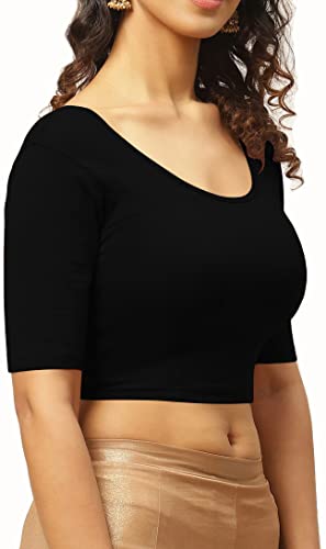 Image of THE BLAZZE 1303 Women's Cotton Scoop Neck Backless Elbow Sleeve Crop Top Readymade Saree Blouse for Women