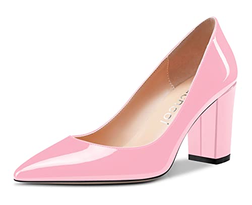 Image of Aachcol Women Pumps Pointed Toe Slip on Mid Heel Dress Office Chunky Block Heels Shoes 3 Inches