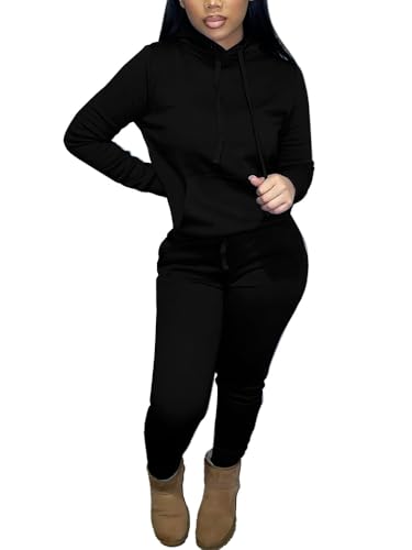 HTD Two Piece Outfits for Women Casual Sweatsuits Set Long Sleeve Hoodie Tracksuit Pullover Jogger Sweat Pants Set