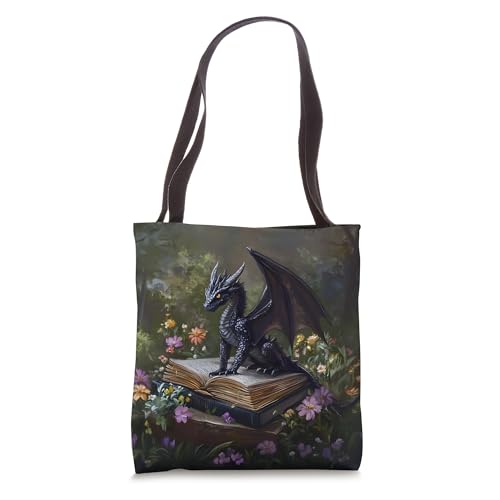 Bolso Tote Fantasía Dragón con Libros y Flores miniatura 1
