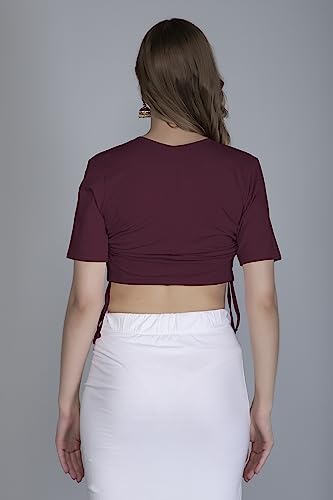 Image of THE BLAZZE B4048 Women's Cotton Plunge V Neck Half Sleeves Adjustable Drawstring Crop Top Readymade Saree Blouse for Women