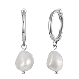 Small Baroque Pearl Huggie Hoop Earrings with Dangle for Women Girls, Sterling Silver Huggie Earring