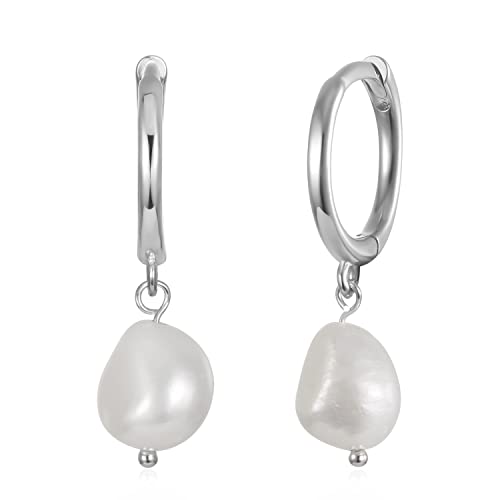 Small Baroque Pearl Huggie Hoop Earrings With Dangle For Women Girls, Sterling Silver Huggie Earring With Drop Charm For Everyday #TOP5