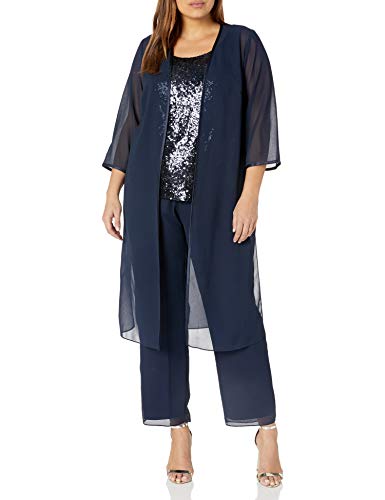 Le Bos Women's Sequin MESH TOP with Long Jacket Pantset, Navy, 10