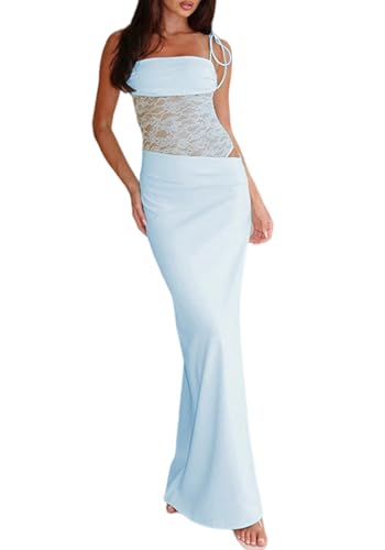 Image of Unybwonn Lace Maxi Dress Sexy Sheer Sleeveless Bodycon Mesh Long Dresses Cut Out Spaghetti Strap Wedding Guest Dress