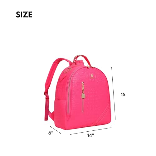 Image of Tote&Carry Apollo BFF Backpack for Women, Vegan Leather, Water-Resistant, Carry-On Luggage for Travel, Work & Daily Use (Alligator Skin, Neon Pink)