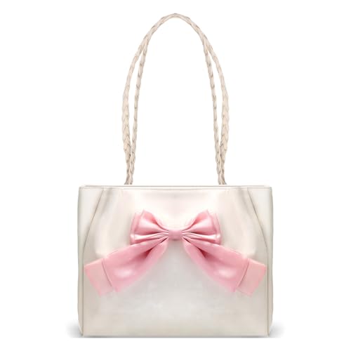 Bow Tote Bag Purse Cute Handbag with Zipper for Women Teens School White Pink Coquette Shoulder Bag Casual Aesthetic Messenger Bags Large Crossbody Tote Bags Trendy Preppy Bow Stuff Gift