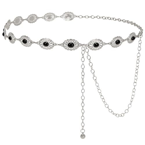 Image of LEACOOLKEY Women Turquoise Concho Chain Waist Belt Silver Western Cowgirl Metal Chain Belt for Dress Adjustable
