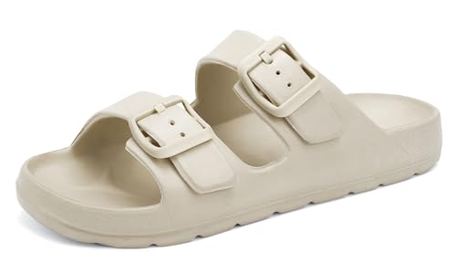INMINPIN Boys Girls Double Buckle Slide Sandals Comfort Beach Pool Shower Slippers Adjustable Indoor Outdoor Little Kid/Big Kid, Beige, 6 Big Kid