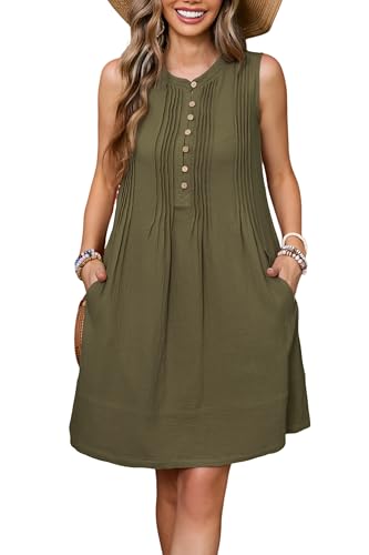 Image of R.Vivimos Sleeveless Cotton Casual Dresses for Women Summer 2026 Button Up Ruched Loose Tunic Mini Dress with Pockets