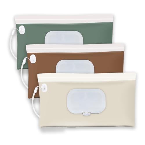 Image of eoscasely 3 pack refillable baby wipes container for travel，earth tone portable wipes dispenser/holder for diaper， wipe refillable case on the go （ earth tone style）
