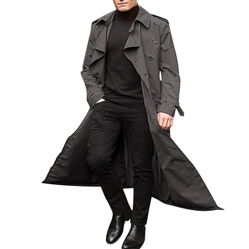 Generisch Gabardina para hombre, larga, fina, monocolor, cuello vuelto, ajustado, abrigo de entretiempo, abrigo de invierno clásico, chaqueta de invierno básica, cómoda, cortavientos, abrigo de loden