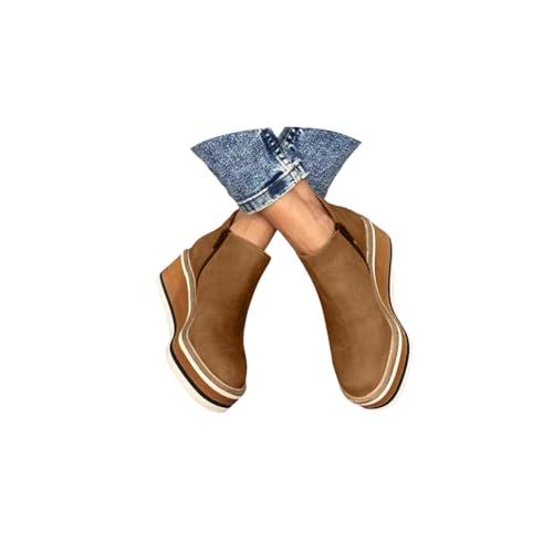 Platform Wedge Ankle Booties for Women Ladies Fashion Casual Leather Round Toe Chunky Bottom High Heels Ankle Boots High Top Slip on Walking Shoes Winter Fall Dress Short Boots Three Color Block