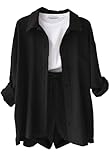 Joligiao Conjuntos Mujer Verano Casual Dos Piezas Pantalon Cortos y Blusa Elegante Conjunto Lino Chándal Camisa Manga Larga Conjunto de Verano Ropa de Playa Chandal con Bolsillos(Negro,L)