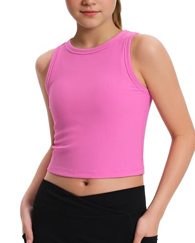 Image of JOCMIC Girls Athletic Tank Tops, Ribbed High Neck Sleeveless Cropped Top | Stretchy Ribbed Fabric, Modest High Neck Cut, Well-Made and Wash Resistant, Suitable for Dance, Gym and Daily