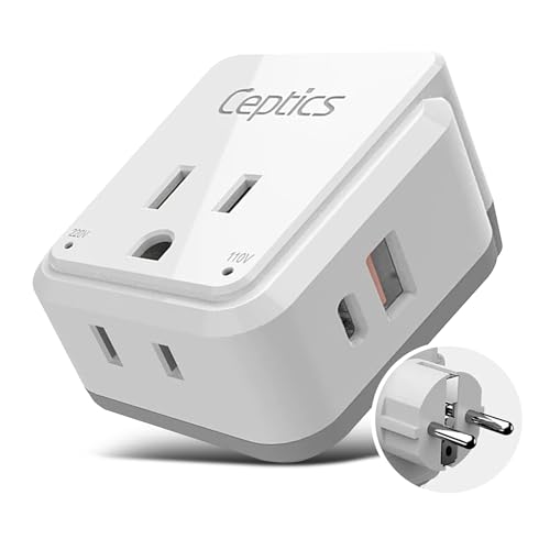 Image of Ceptics Germany, Korea Travel Plug Adapter Set, 20W PD & QC, Safe Dual USB & USB-C - 2 USA Socket - Use in Schuko, France, Russia, Netherlands - Includes Type E /F SWadAPt Attachments