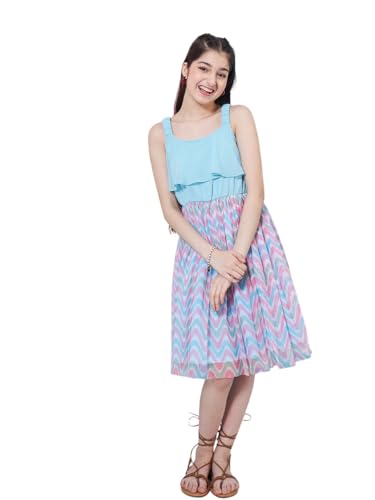 Image of Pspeaches Girl's Geometric Printed Georgette Fit & Flare Blue Dress Trendy Style