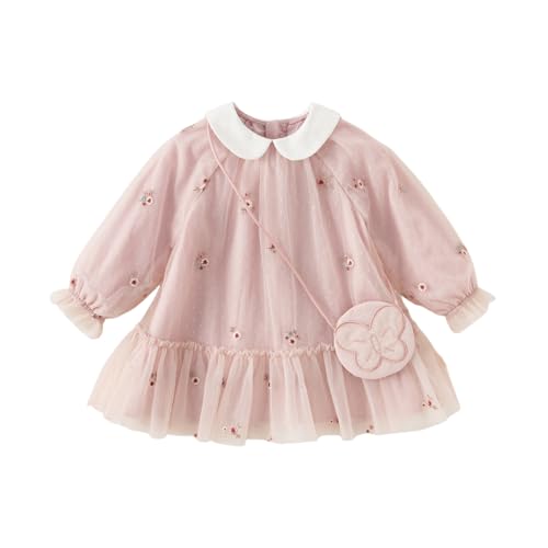 DAVE&BELLA Baby Girls Tulle Dress Long Sleeve Ruffed A-Line Princess Dress Flower Girl Embroidery Bowknot Wedding Party Dress - Main Image