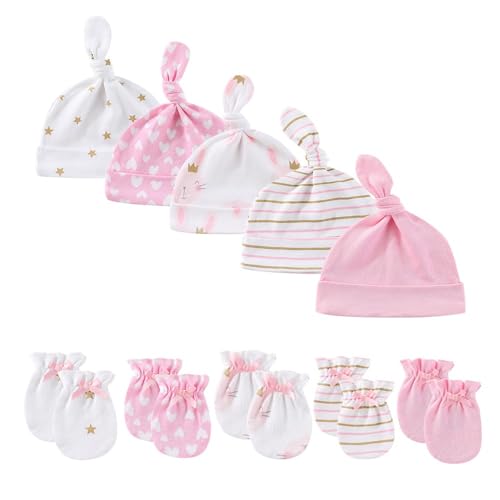 Image of Newborn Baby Cotton 5-Pieces Mittens and 5-Pieces Caps Sets