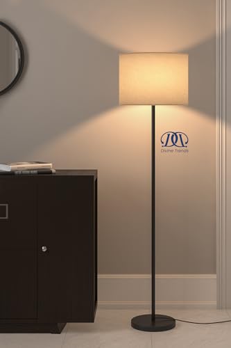 Divine Trends Floor Lamp Standing Modern Black Polished 5Ft Height Off White Lamp Shade - Led Bulb Included (Drum Shade)
