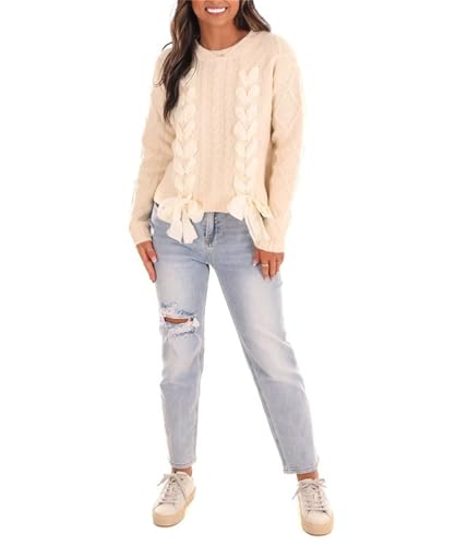 Women's Y2K Satin Ribbon Sweater Bow Lace Up Long Sleeve Knit Pullover Shirt Sweet Cute Cable Knitted Jumper Top4