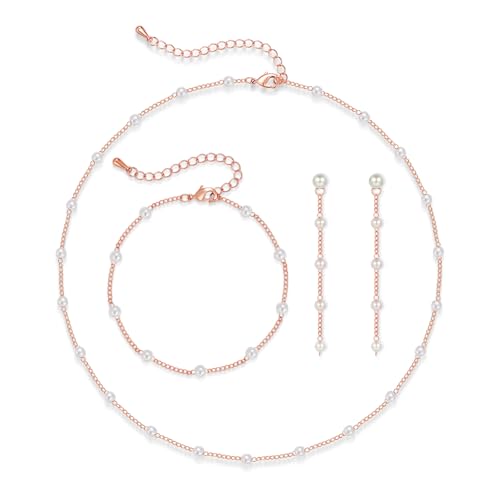 Image of Loutade Jewellery Sets for Women, 3PCS Pearl Necklace, Earrings & Bracelet Set, Pearl Wedding Jewellery Set for Bride Bridesmaid, Rose Gold Bridal Women's Jewelry Gifts for Party Wedding Festival