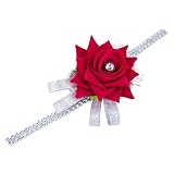 #N/a Pulsera Tipo Ramillete, Brazalete Elástico de Terciopelo con Rosa Abierta Y Cinta Plateada Brillante con Diamantes de Imitación, Ideal para Bodas, Gra, Rojo, tal como se describe