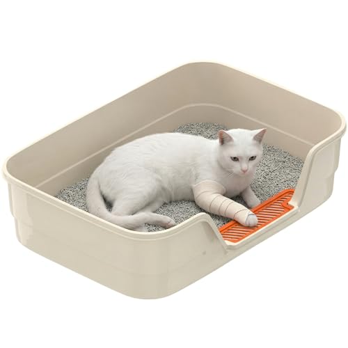 Suhaco Low Entry Litter Box for Senior Cats Extra Large Cat Litter Box with High Sides for Kitten Anti Splashing & Easy to Clean for Indoor Cats Litter Pan (White)