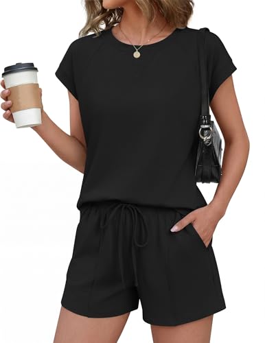 Image of Ekouaer Cotton Two Piece Sets for Women Summer Short Set Crew Neck Matching Sets Cap Sleeve Vacation Outfits With Pocket