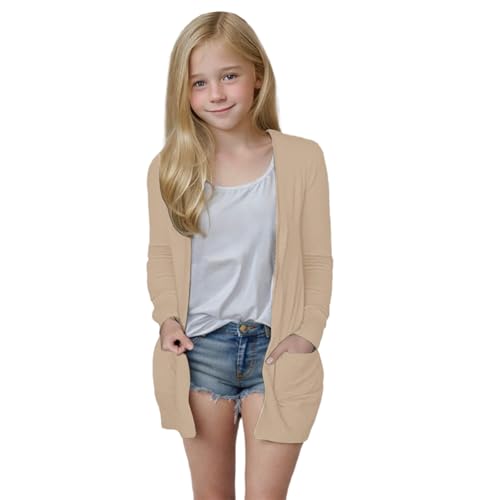 Girls Long Sleeve Cardigan with Pockets Oversized Lightweight Jacket Breathable Plain Open Front Soft Knit Sweater