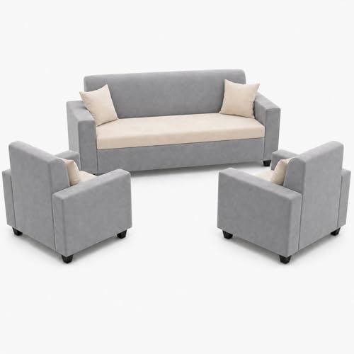 Image of FURNY QualityWood 3 Seater + 1 Seater + 1 Seater Fabric Sofa Set (Cream-Light Grey) with Velvet Finish | Durable Comfort | Ideal for Living Room