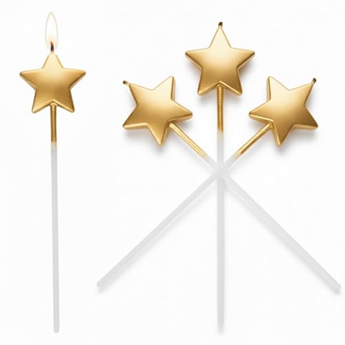 Rozi Decoration Golden Star Candles – Set of 4 | Metallic Gold Cake Topper for Birthday, Anniversary, Kids Party & Celebration Cakes | Party Decoration Candle Sticks for Cupcakes & Desserts