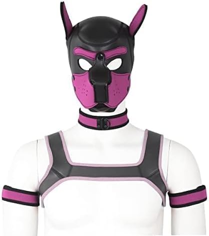 Adults Neoprene Puppy Hood Custom Animal Head Mask Novelty Costume Dog Hood Mask,Collar,Armband and Harness Set (Pink)