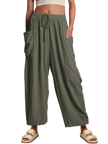 utcoco Womens Baggy Linen Pants Casual Loose Fit Drawstring Wide Leg Harem Pants with Pocket