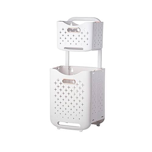 2 Tier Rolling Laundry Trolley Cart with Handle Collapsible Plastic Laundry Basket on Wheels for Washing Hamper Storage