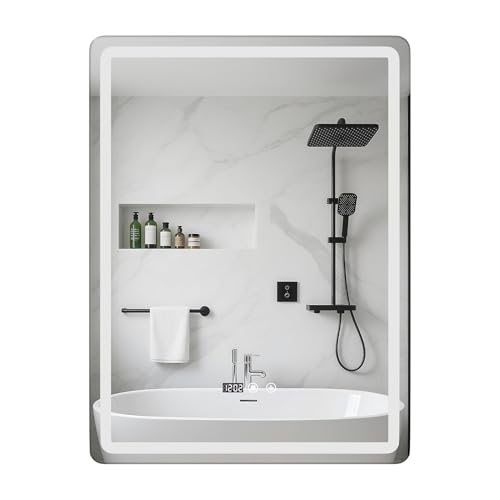Espejo de baño rectangular de 24 x 32 pulgadas con iluminación, espejo de pared antivaho con interruptor táctil y luz delantera y trasera, pago vertical
