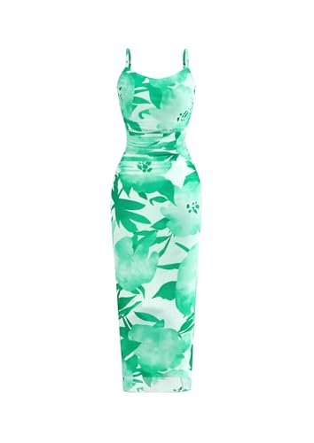 PRETTYGARDEN Summer Wedding Guest Dresses for Women 2025 Spaghetti Strap Mesh Bodycon Beach Floral Maxi Long Dresses