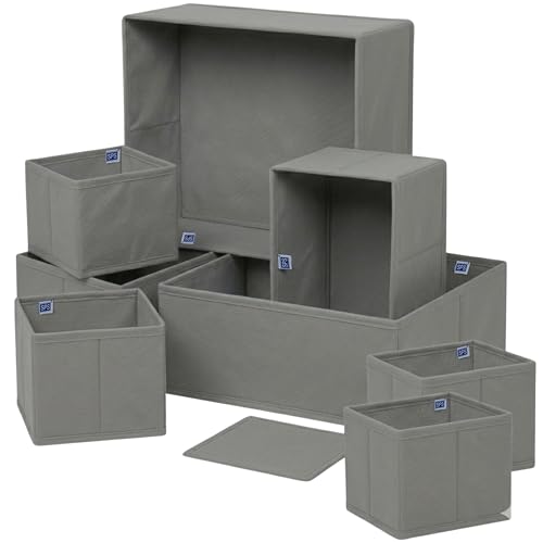 Image of Skrill Non-Woven 8-Piece Foldable Cloth Storage Box Set | Cube Baskets, Bins & Dividers for Closet & Dresser Drawer Organization - Grey, Clothing