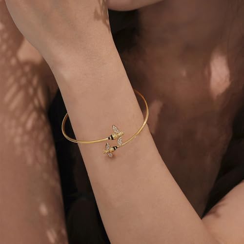 Honey Bee Bracelet for Women 18k Gold Plated Stainless Steel Dainty Crystal Bumble Cute Insect Animal Cuff Bracelet Wedding Prom Office Wear Lightweigh Hypoallergenic Chic Jewelry for Mother Friends2