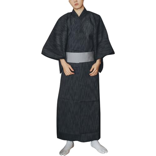 Men's Japanese Kimono with Obi Belt Traditional Pattern Yukata Robe Summer Kimono