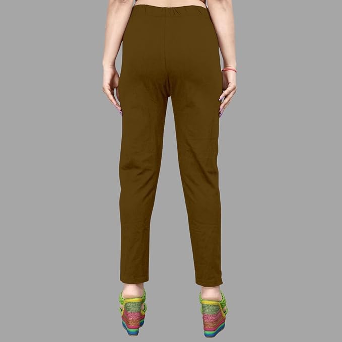 Image of Women's Solid Cotton Lycra Pants-High Waist Slim Fit Stretchable Leggings - Comfortable Long Trousers for Casual, Office & Everyday Wear