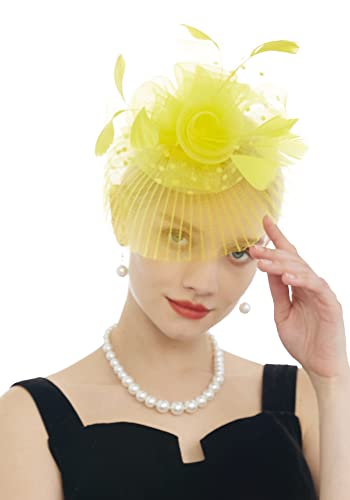 FELIZHOUSE Fascinators Hat for Women Tea Party Headband Church Wedding Cocktail Flower Mesh Feathers Hair Clip Yellow